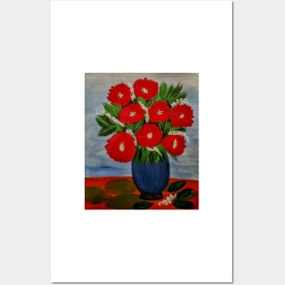 red poppies mixed with white flowers In a blue vase Posters and Art